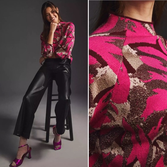 Anthropologie Sweaters - Anthropologie Beatriz Sweater Pullover Mock Puff Sleeve Metallic Floral Pink S